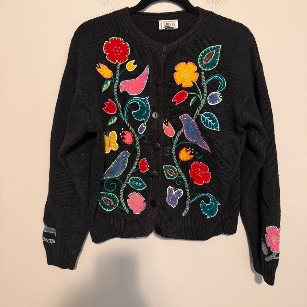 Vintage Orvis Folk Art Bird Floral Appliqué Cardigan Sweater Black L grandmacore